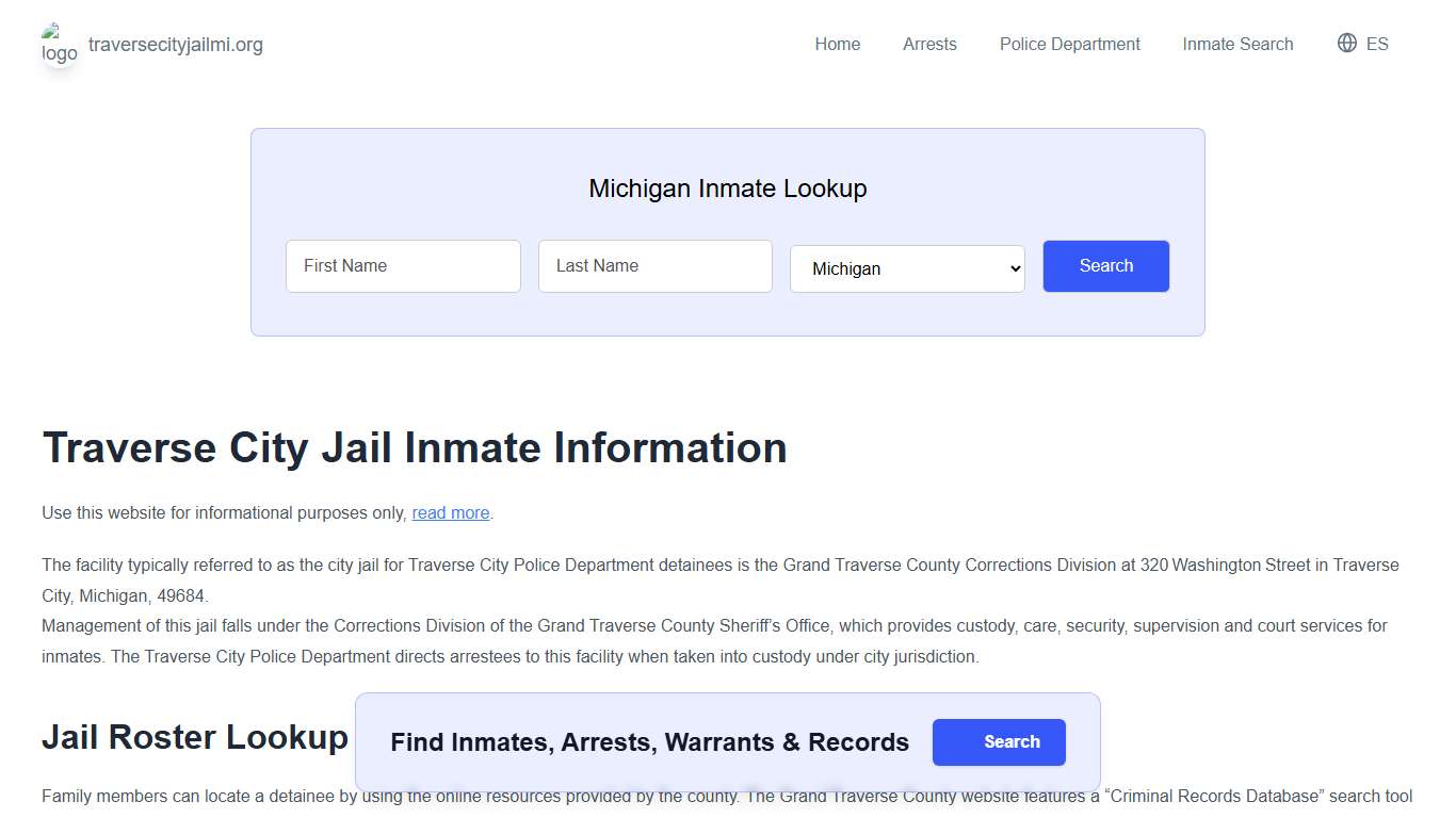 Traverse Jail, MI Inmate Roster, Municipal Jail Info